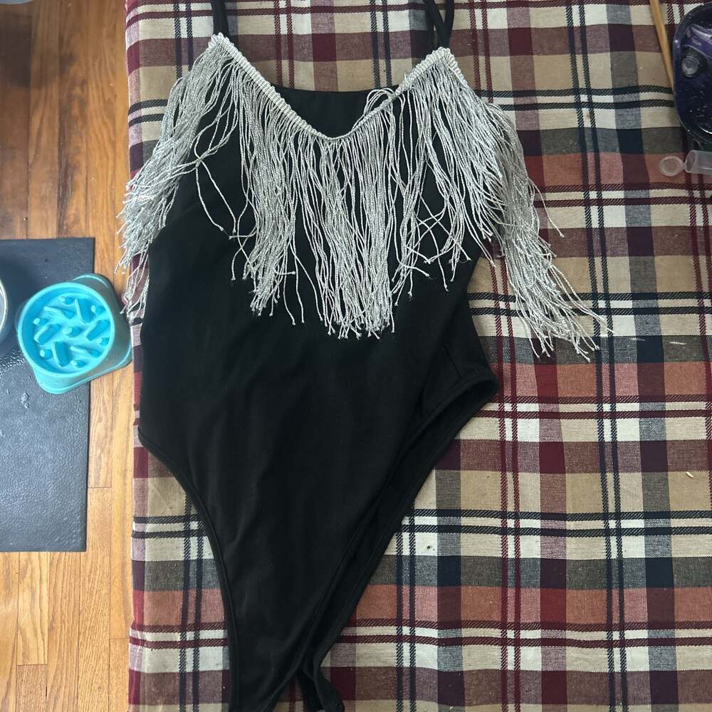 Diamond Darling Rhinestone Fringe Padded Bodysuit (Black)